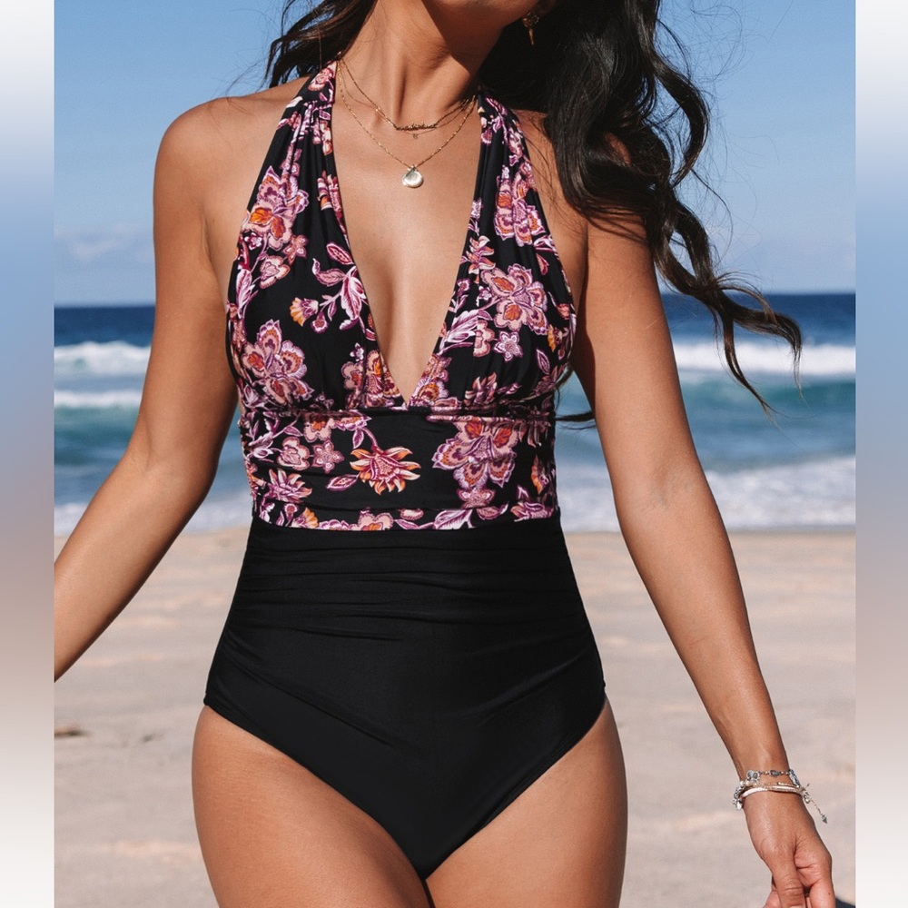 Retro plunging  halter top floral  One Piece Swimsuit tummy contouring Medium